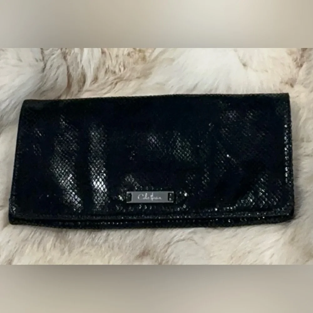 Cole Haan Black Snakeskin Leather Wallet Clutch Continental